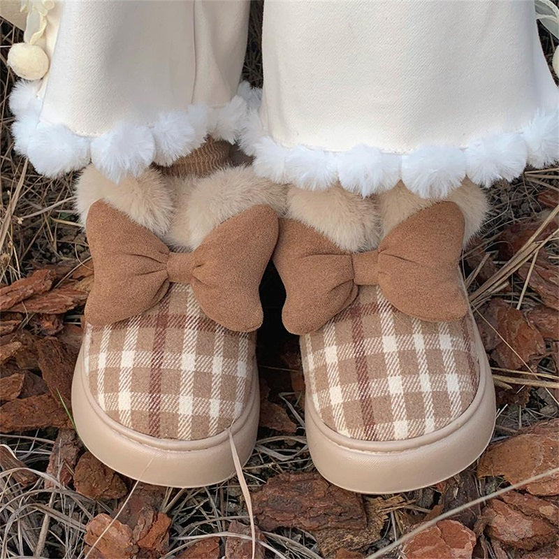 Cute brown checkered closed-back plush slippers with plush bow and fuzzy collar, indoor shoes with EVA sole