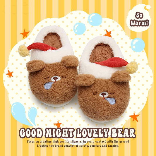 Cute brown and white bear plush slippers with red sleeping hat and pompom, indoor shoes with EVA sole