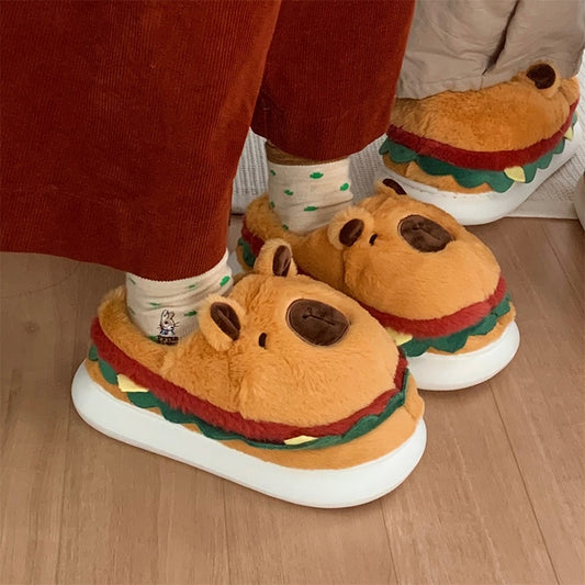 Cute burger capybara plush slippers with layered lettuce and meat design, fuzzy indoor shoes with EVA sole