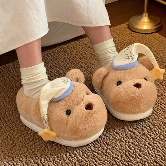 Cute khaki bear plush slippers with blue and white fabric hat and tiny smile, indoor shoes with EVA sole