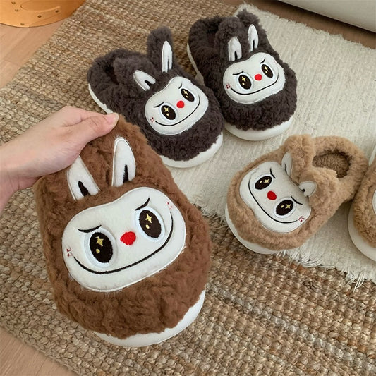 Cute dark brown fuzzy bunny slippers with white face patch and short ears, indoor shoes with EVA sole