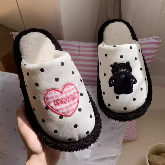 Cute black polka dot indoor slippers with pink heart and black cat patch, fuzzy lined fabric shoes with PVC sole