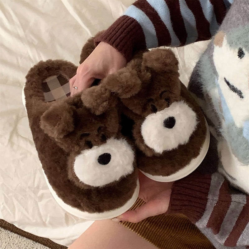 Cute dark brown dog plush slippers with white round muzzle and short ears, indoor shoes with EVA sole