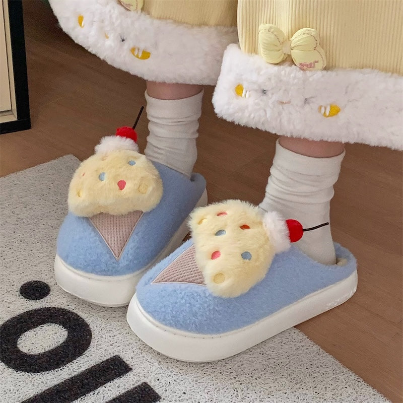 Cute light blue cherry ice cream plush slippers with fluffy scoop, colorful sprinkles, and cherry topper, fuzzy indoor shoes with EVA sole
