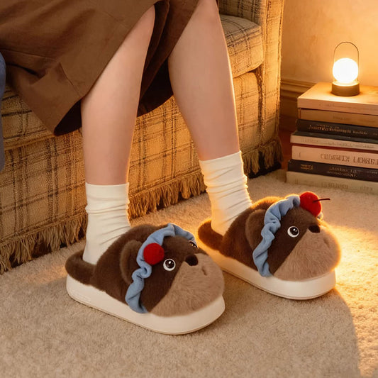 Cute brown bear plush slippers with blue ruffled headband and cherry topper, fuzzy indoor shoes with EVA sole