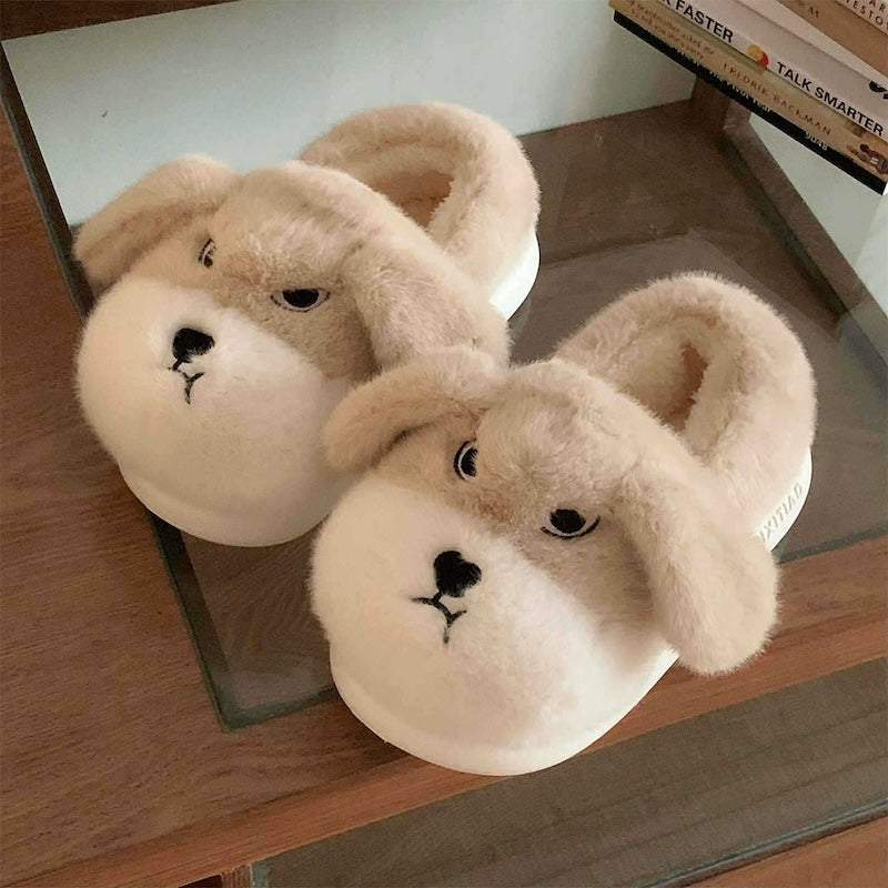 Cute khaki dog plush slippers with floppy ears and embroidered closed eyes, closed-back fuzzy indoor shoes with EVA sole
