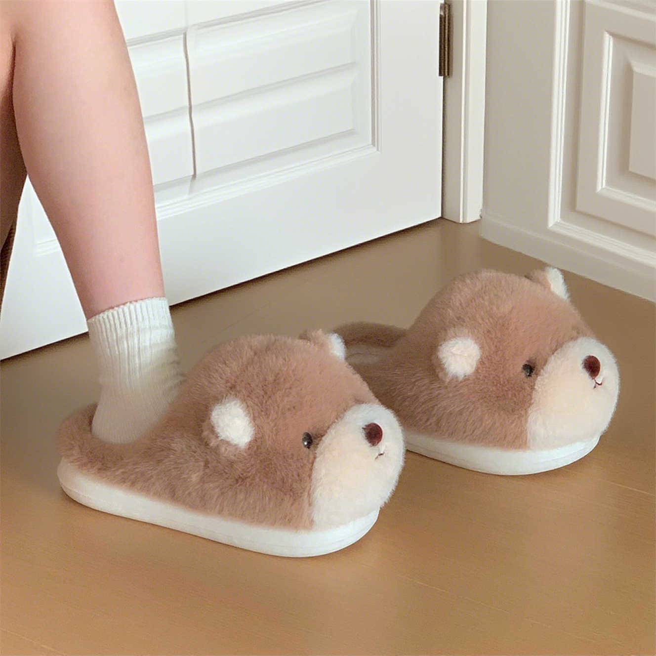 Cute light brown bear design plush slippers with white muzzle and white inner ears, indoor shoes with EVA sole