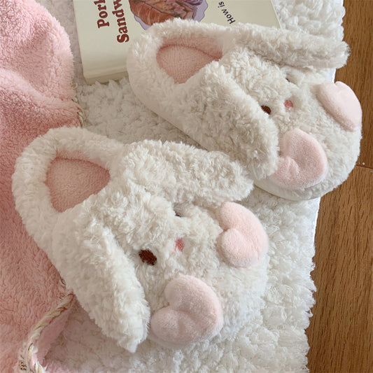 Cute white curly bunny plush slippers with long floppy ears and pink heart cheeks, indoor shoes with EVA sole