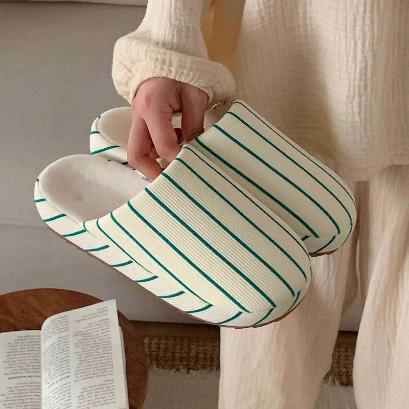 Green striped linen slippers with woven texture and dark lining, indoor shoes with TPR sole