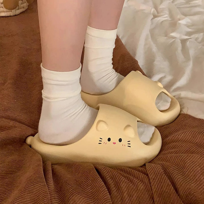 Cute cream cat EVA slide sandals with 3D ears and printed face, lightweight indoor slip-on shoes