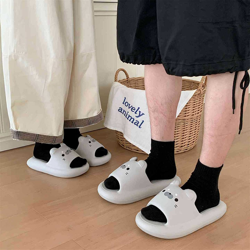 Cute grey seal EVA slide sandals with 3D ears and engraved face, lightweight all-EVA indoor shoes