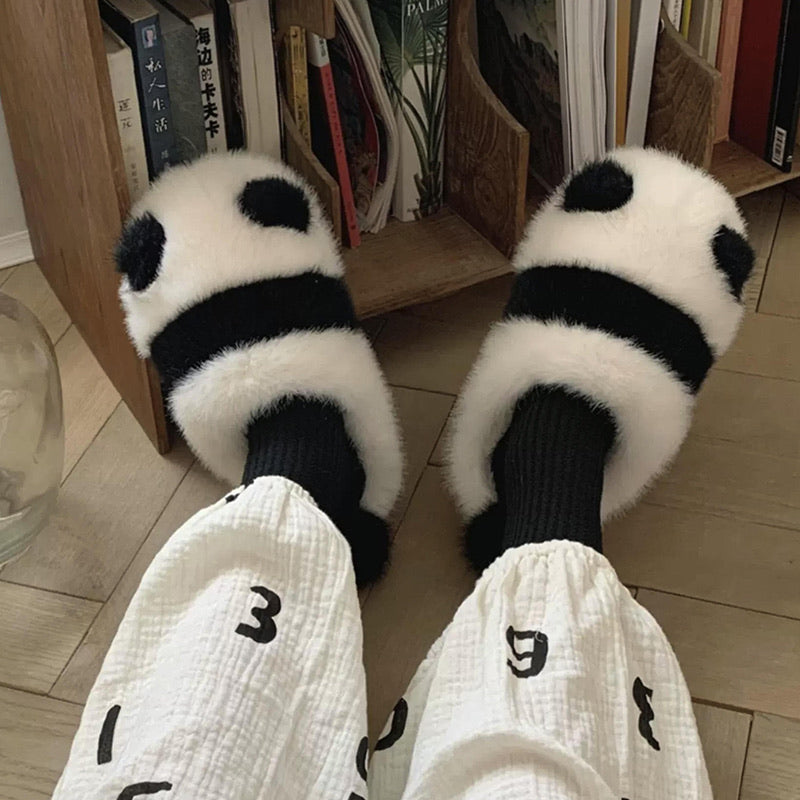 Cute black and white panda block plush slippers with pom-pom nose and tail, fuzzy indoor shoes with EVA sole