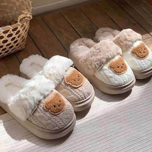 Cute khaki knit bear slippers with fuzzy trim and brown bear patch, warm knit fabric indoor shoes with EVA sole