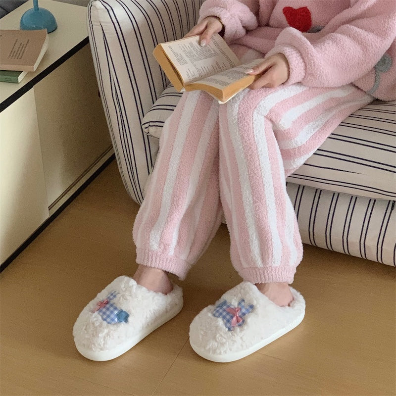 Cute White bunny plush slippers with blue gingham bows and straps, fuzzy indoor shoes with EVA sole