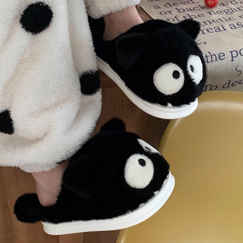Cute black cat plush slippers with big googly eyes and tail, closed-back fuzzy indoor shoes with EVA sole