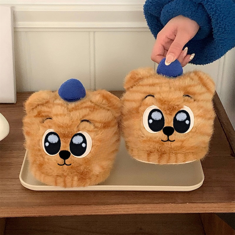 Cute orange striped tiger plush slippers with blue ears and big eyes, closed-back fuzzy indoor shoes with PVC sole