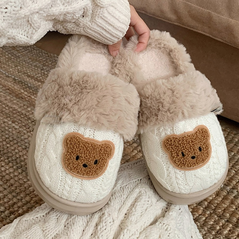 Cute beige knit bear slippers with fuzzy trim and brown bear patch, warm knit fabric indoor shoes with EVA sole