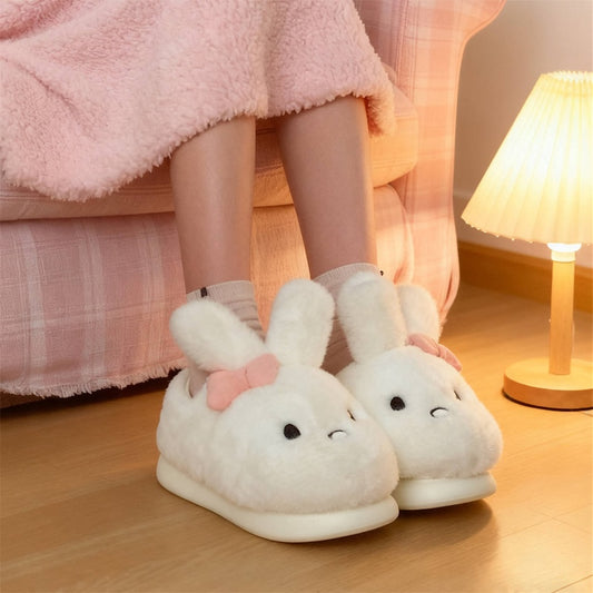 Cute white bunny plush slippers with pink bow and floppy ears, closed-back fuzzy indoor shoes with EVA sole
