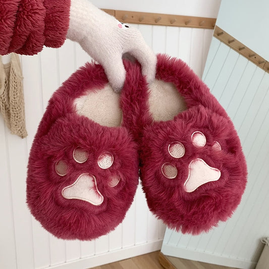 Cute rose red paw print plush slippers with 3D paw design, fuzzy faux fur indoor shoes with PVC sole