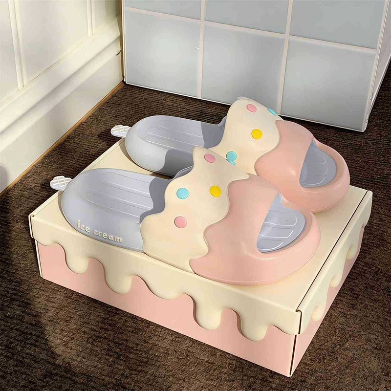 Cute pink ice cream EVA slide sandals with colorful sprinkles and melted design, lightweight indoor slip-on shoes