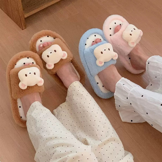 Cute pink fuzzy slide slippers with 3D bear charm and polka dot footbed, indoor shoes with EVA sole