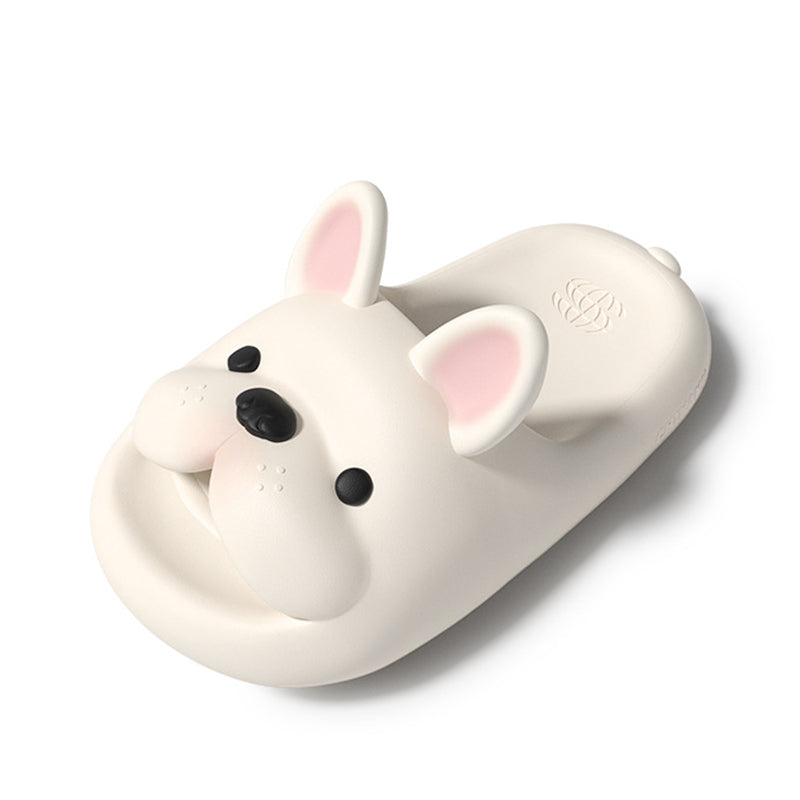 Cute beige French bulldog EVA slide sandals with black ears and pink inner ear, textured footbed indoor shoes with EVA sole