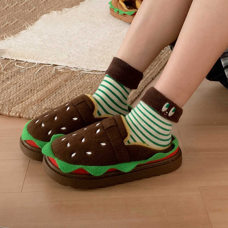 Cute dark brown burger design closed-back slippers with sesame bun and lettuce trim, plush indoor shoes with EVA sole