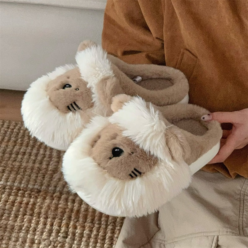 Khaki plush slippers shaped like a lion with a shaggy brown mane and three cheek whiskers, soft indoor footwear with EVA sole