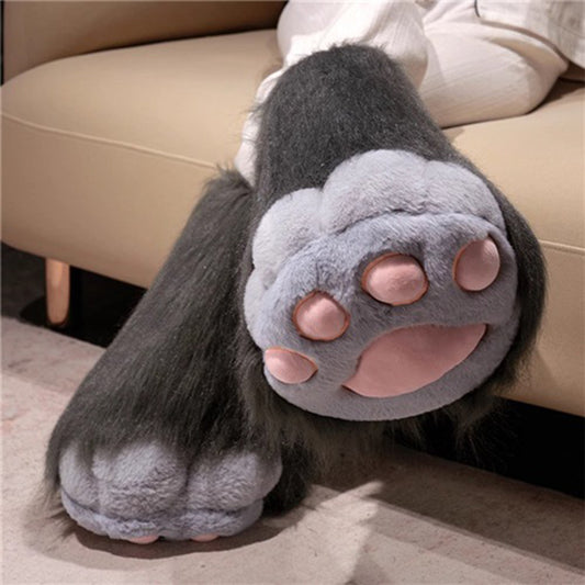 Grey plush animal paw cosplay boots with oversized pink main pad details, soft fabric lined tall shoes with suede bottom