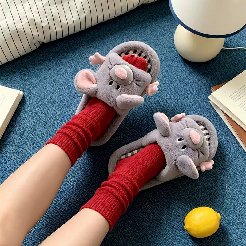 Gray all season open toe plush mouse slippers eva sole indoor shoes