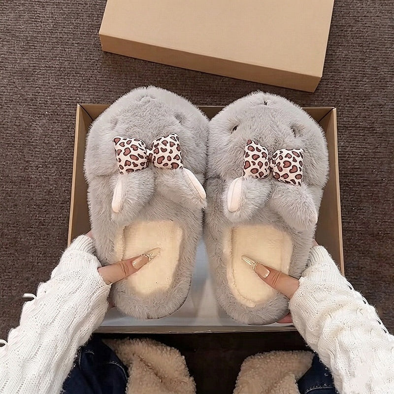 Gray winter cute heart bow bunny slippers aesthetic warm house shoes