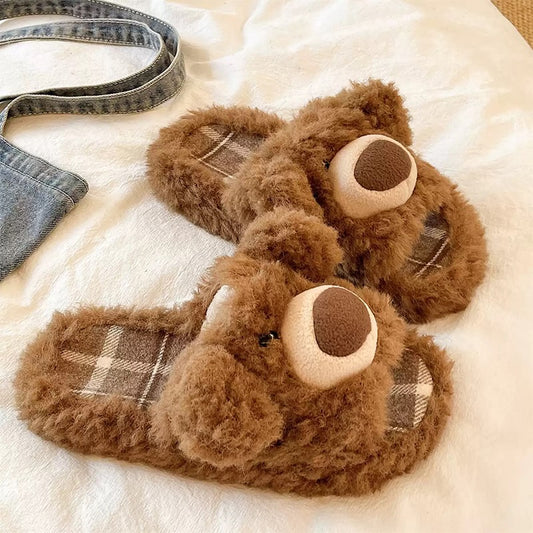 Brown fluffy bear face slippers with a large cream snout and brown plaid footbed, durable PVC sole indoor footwear