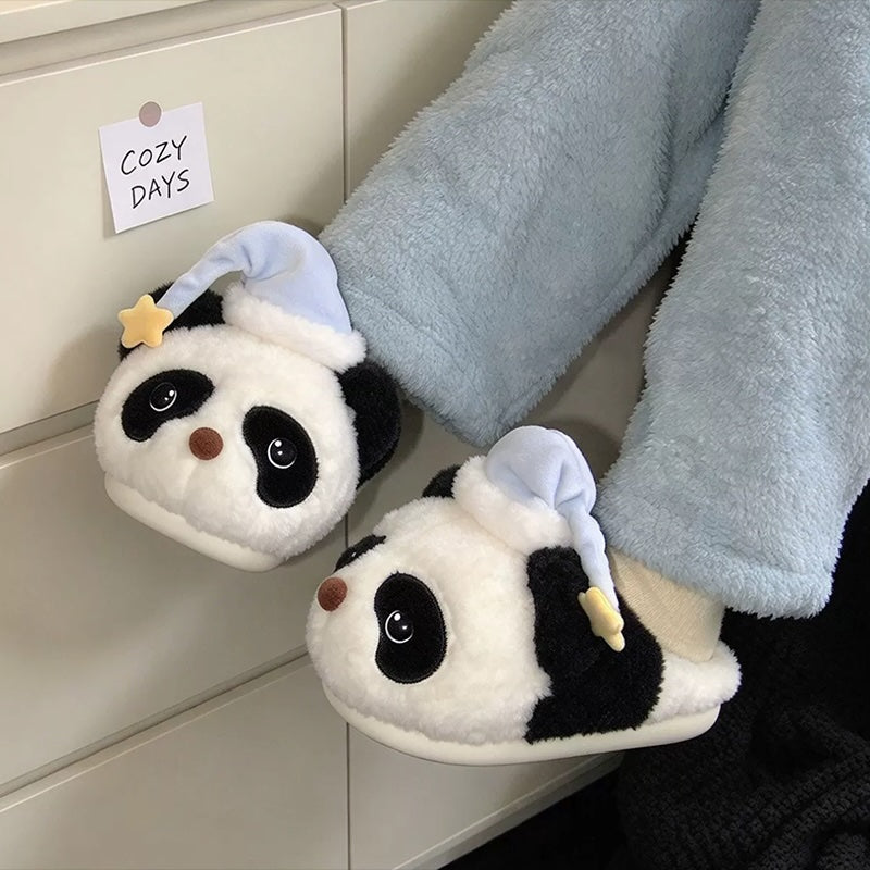 White winter sleeping hat cute panda slippers aesthetic warm plush house shoes