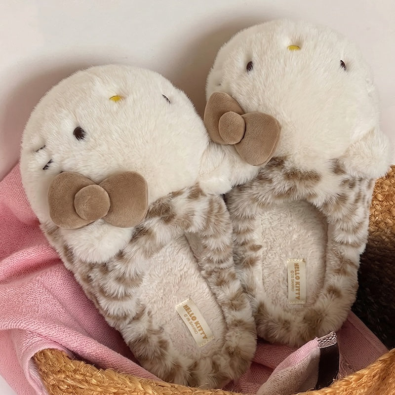 Light brown winter print bow hello kt cute cat slippers aesthetic warm plush house shoes