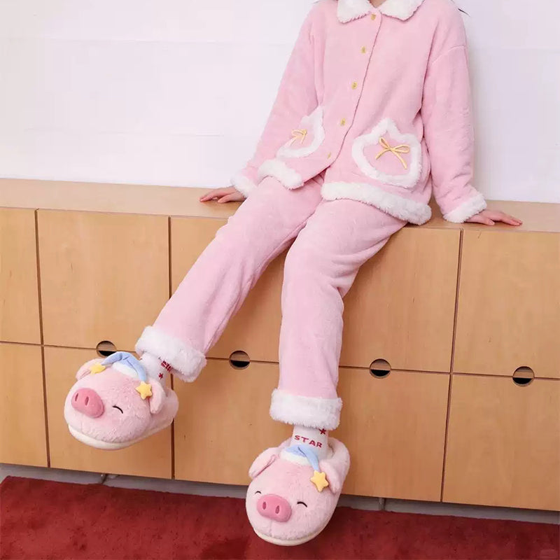 Winter cute pink sleeping pig slippers aesthetic warm plush house shoes