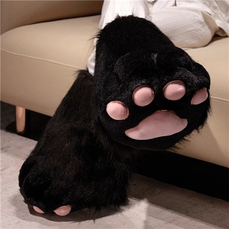 Full black plush cat paw cosplay boots with soft pink bean details and a suede outsole, tall animal character footwear with fabric lining