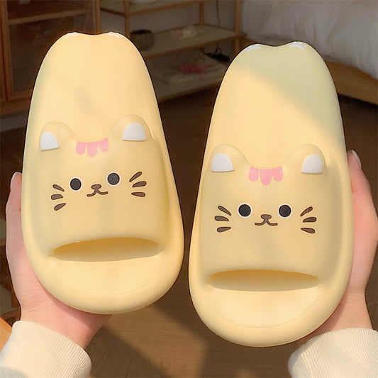 Cute yellow cat EVA slide sandals with 3D ears and pink bow, printed face indoor shoes with EVA sole