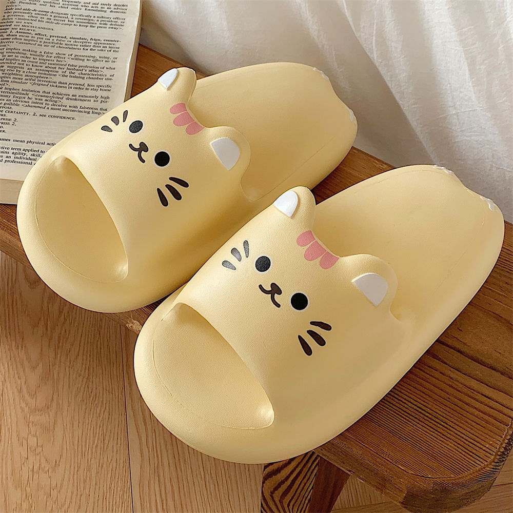 Cute yellow cat EVA slide sandals with 3D ears and pink bow, printed face indoor shoes with EVA sole