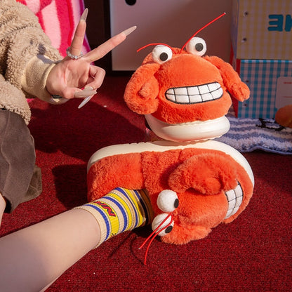 Cute orange crab plush slippers with protruding eyes, antennae and embroidered smile, fuzzy indoor shoes with EVA sole
