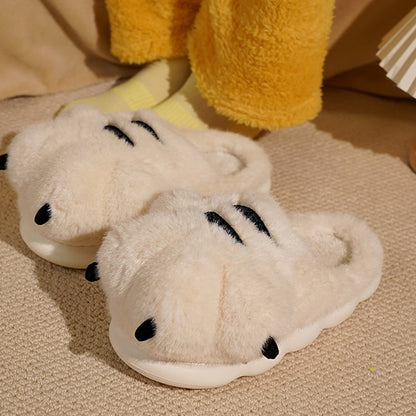 Cute white tiger paw plush slippers with black stripes and claws, fuzzy animal paw indoor shoes with EVA sole