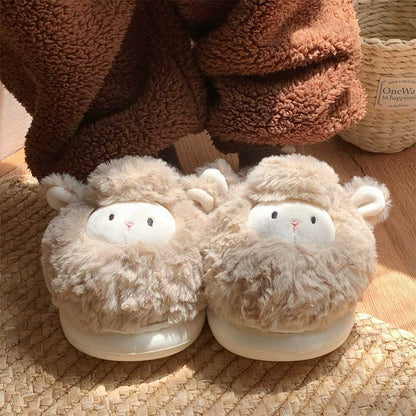 Khaki fluffy sheep character slippers featuring a tiny red nose and cute pink inner ears, cozy home shoes with EVA sole