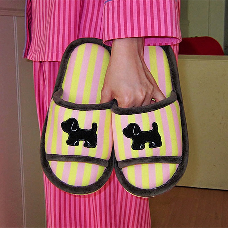 Cute pink striped dog design slippers with black dog silhouette and brown trim, indoor shoes with EVA sole