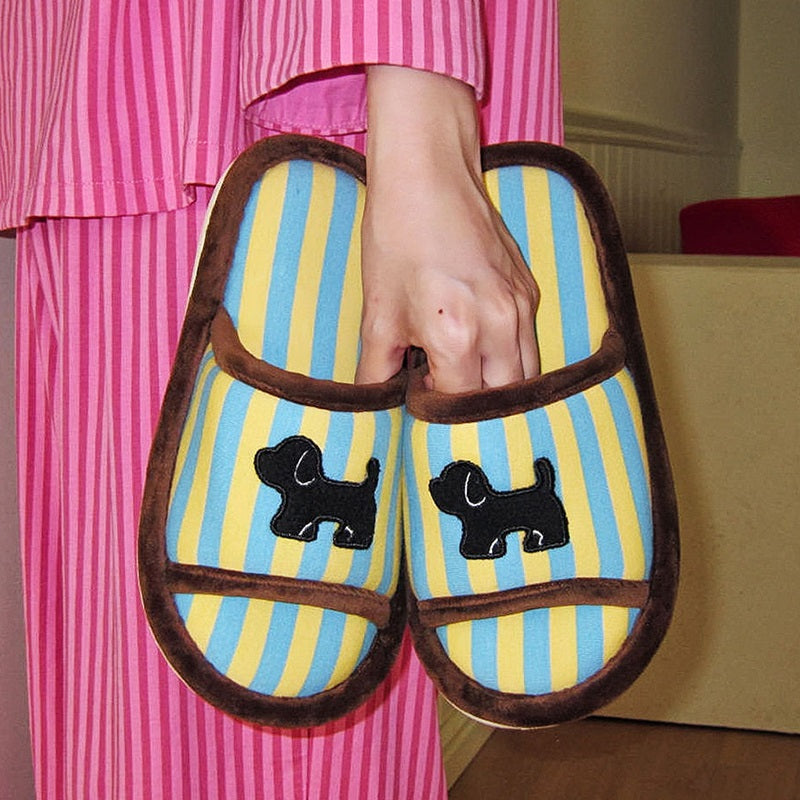 Cute blue striped dog design slippers with black dog silhouette and brown trim, indoor shoes with EVA sole