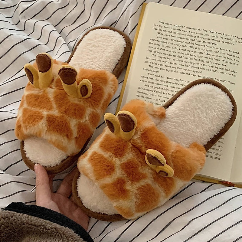 oft plush giraffe slippers with spotted pattern and 3D brown horns, fuzzy indoor footwear with PVC sole
