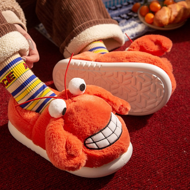 Cute orange crab plush slippers with protruding eyes, antennae and embroidered smile, fuzzy indoor shoes with EVA sole