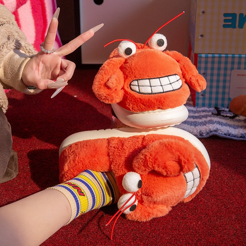 Cute orange crab plush slippers with protruding eyes, antennae and embroidered smile, fuzzy indoor shoes with EVA sole