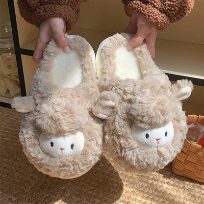 Khaki fluffy sheep character slippers featuring a tiny red nose and cute pink inner ears, cozy home shoes with EVA sole