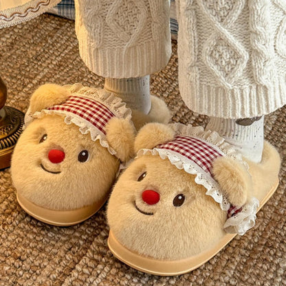 Cute yellow bear plush slippers with blue gingham hat and red nose, ruffled trim indoor shoes with EVA sole