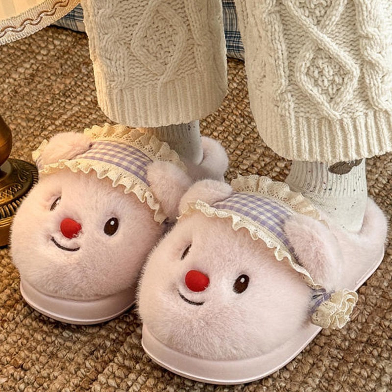 Cute pink bear plush slippers with blue gingham hat and red nose, ruffled trim indoor shoes with EVA sole