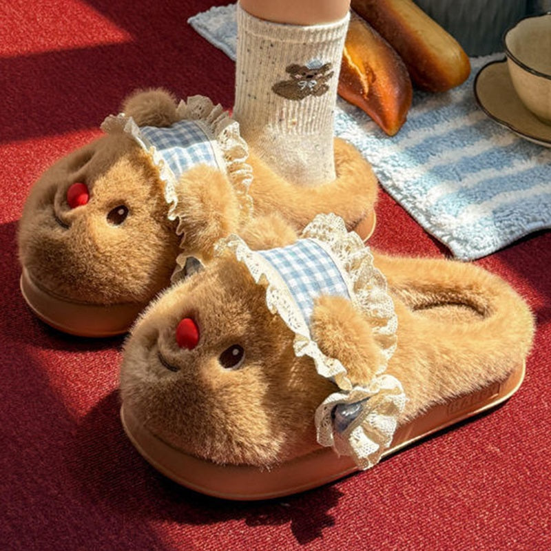 Cute brown bear plush slippers with blue gingham hat and red nose, ruffled trim indoor shoes with EVA sole